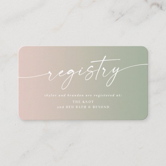ピンクグラデーション&グリーンウェディングシャワーギフトレジストリ エンクロージャーカード (正面)