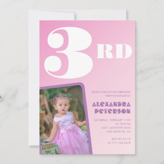ピンクグラデーション 3歳の誕生日招待状 女の子 写真入り 招待状 (正面)