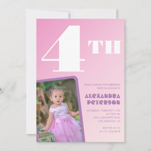 ピンクグラデーション 4歳の誕生日招待状 女の子 写真入り 招待状 (正面)