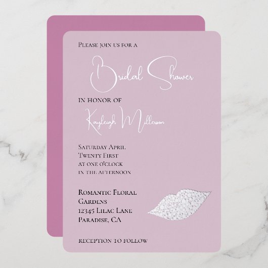 ピンクグラムダイヤモンドキスリップブライダルシャワー 箔招待状 (正面/裏面)