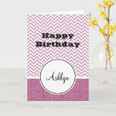 ピンクグラムフェイクグリッターシェブロン カード (黄色い花)