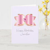 ピンクグラムボウとセンタージェムストーン誕生日 カード (黄色い花)