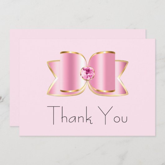 ピンクグラムボウとセンタージェムストーン誕生日 サンキューカード (正面/裏面)