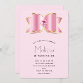 ピンクグラムボウとセンタージェムストーン誕生日 招待状 (正面/裏面)