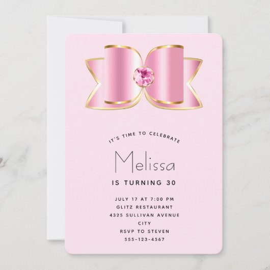 ピンクグラムボウとセンタージェムストーン誕生日 招待状 (正面)