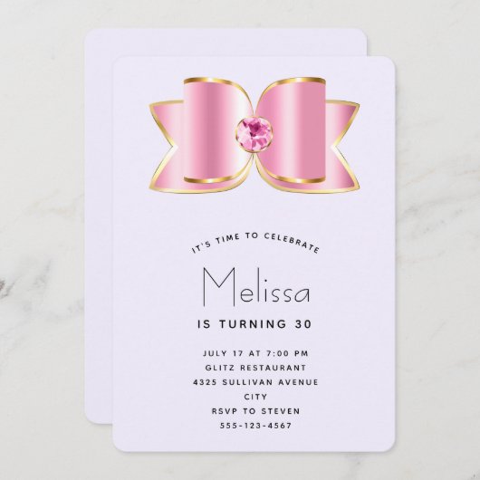 ピンクグラムボウとセンタージェムストーン誕生日 招待状 (正面/裏面)