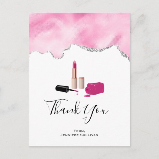 ピンクグラムリップスティック&爪、 ネイルポーランドサンキューサンキュー ポストカード (正面)