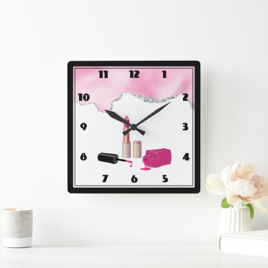 ピンクグラムリップスティック&爪、 ネイルポーランド美しいをテーマに スクエア壁時計 (ホーム)