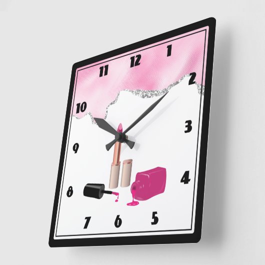 ピンクグラムリップスティック&爪、 ネイルポーランド美しいをテーマに スクエア壁時計 (傾斜)