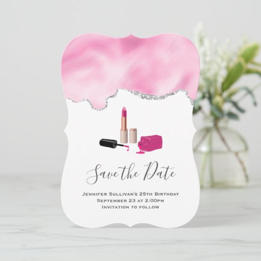 ピンクグラムリップスティック&爪、 ネイルポーランド美しいをテーマに セーブザデート (スタンド正面)