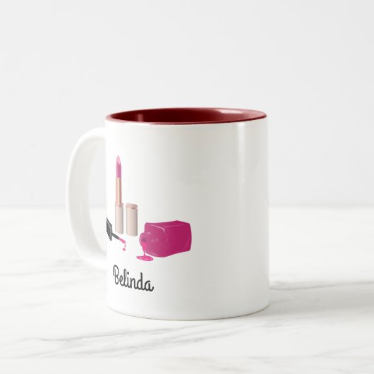 ピンクグラムリップスティック&爪、 ネイルポーランド美しいをテーマに ツートーンマグカップ (正面左)