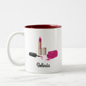 ピンクグラムリップスティック&爪、 ネイルポーランド美しいをテーマに ツートーンマグカップ (左)