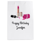 ピンクグラムリップスティック&爪、 ネイルポーランド美しいをテーマに ミディアムペーパーバッグ (正面)