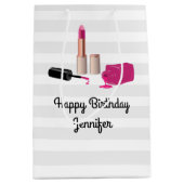 ピンクグラムリップスティック&爪、 ネイルポーランド美しいをテーマに ミディアムペーパーバッグ (正面)