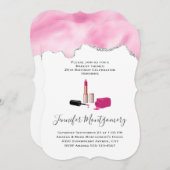 ピンクグラムリップスティック&爪、 ネイルポーランド美しいをテーマに 招待状 (正面/裏面)