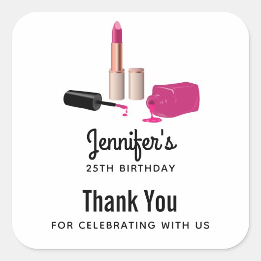 ピンクグラムリップスティック&爪、 ネイルポーランド誕生日 スクエアシール (正面)