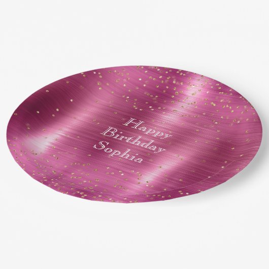 ピンクグラム金ゴールドスパークル紙吹雪誕生日 ペーパープレート (アングル)