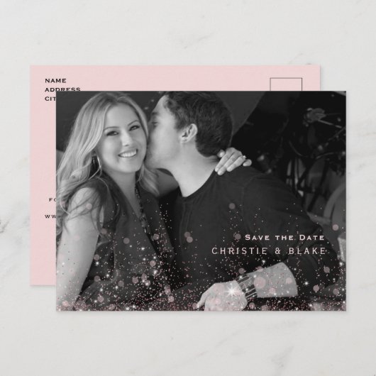 ピンクグラムB/W写真結婚式の日付を保存するQRコード ポストカード (正面/裏面)