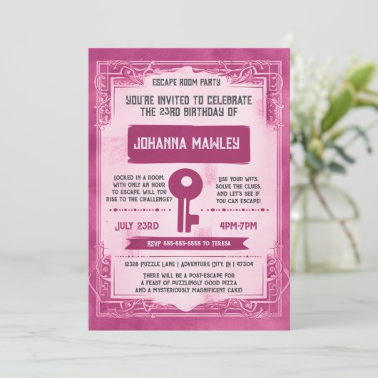 ピンクグランジエスケープルーム鍵誕生日パーティインビタット 招待状 (スタンド正面)