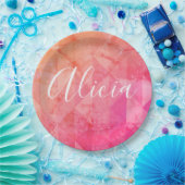 ピンクグランジオレンジ色の水色名前をカスタムする文字 ペーパープレート (パーティー)