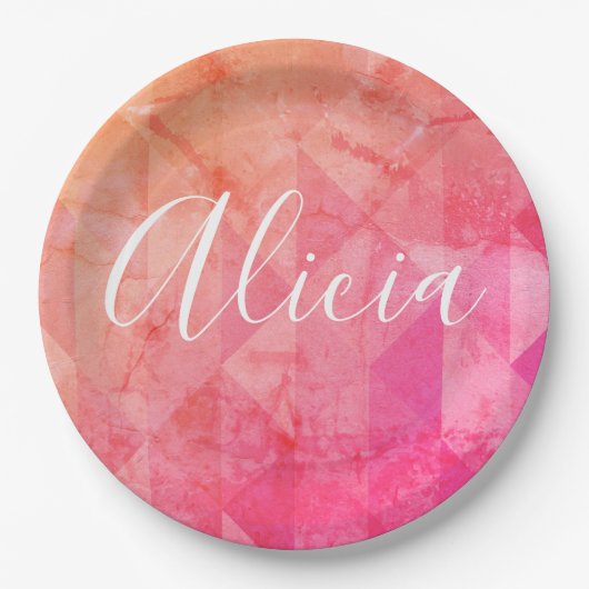 ピンクグランジオレンジ色の水色名前をカスタムする文字 ペーパープレート (正面)