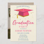 ピンクグラードキャップミニマリスト卒業パーティー 招待状 (正面/裏面)
