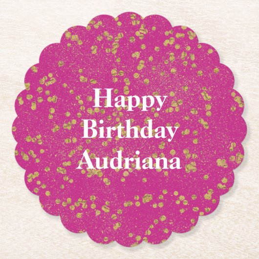 ピンクグリジー金ゴールドスパークル紙吹雪ドット ペーパーコースター (正面)