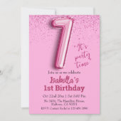 ピンクグリッターかわいいバルーン第1ガーリー位の誕生日 招待状 (正面)