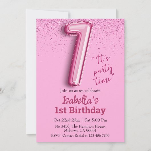 ピンクグリッターかわいいバルーン第1ガーリー位の誕生日 招待状 (正面)