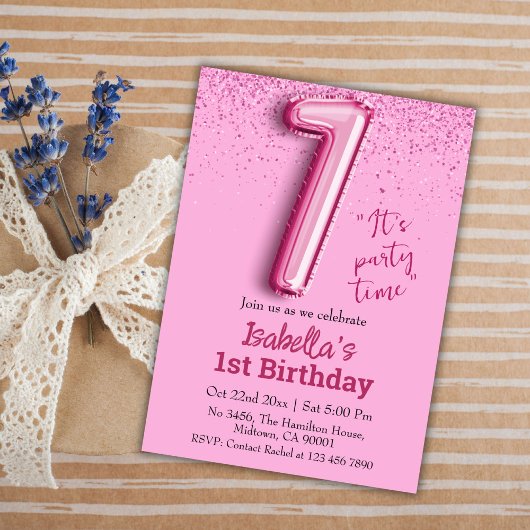 ピンクグリッターかわいいバルーン第1ガーリー位の誕生日 招待状