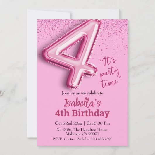 ピンクグリッターかわいいバルーン第4ガーリー位の誕生日 招待状 (正面)