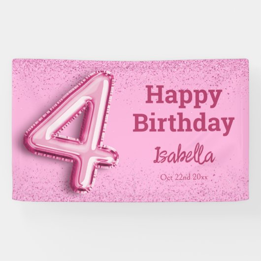 ピンクグリッターかわいいバルーン第4ガーリー位の誕生日 横断幕 (横)