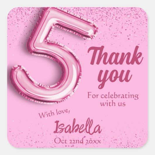 ピンクグリッターかわいいバルーン第5ガーリー位の誕生日 スクエアシール (正面)