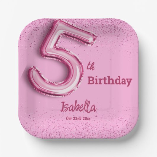 ピンクグリッターかわいいバルーン第5ガーリー位の誕生日 ペーパープレート (正面)