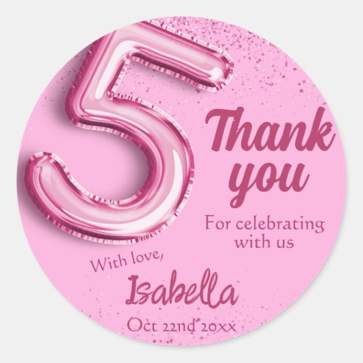 ピンクグリッターかわいいバルーン第5ガーリー位の誕生日 ラウンドシール (正面)