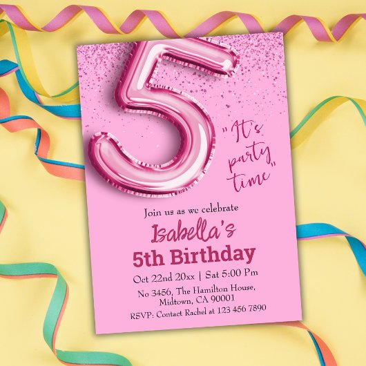 ピンクグリッターかわいいバルーン第5ガーリー位の誕生日 招待状
