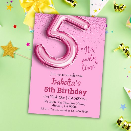 ピンクグリッターかわいいバルーン第5ガーリー位の誕生日 招待状