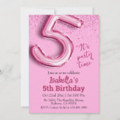 ピンクグリッターかわいいバルーン第5ガーリー位の誕生日 招待状 (正面)