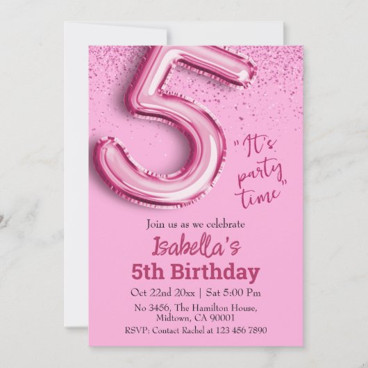ピンクグリッターかわいいバルーン第5ガーリー位の誕生日 招待状 (正面)