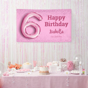 ピンクグリッターかわいいバルーンno.6ガーリー歳の誕生日 横断幕