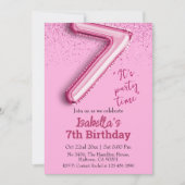 ピンクグリッターかわいいバルーンno.7 7歳ガーリーの誕生日 招待状 (正面)