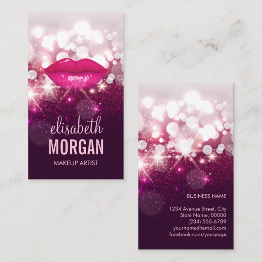 ピンクグリッターきらめくメイクアップアーティストレッドリップ 名刺 (正面/裏面)