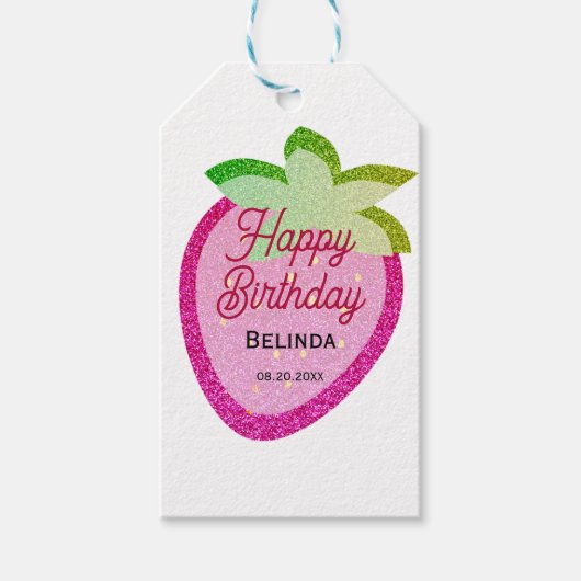 ピンクグリッターきらめくY2Kイチゴ誕生日 ギフトタグ (正面)