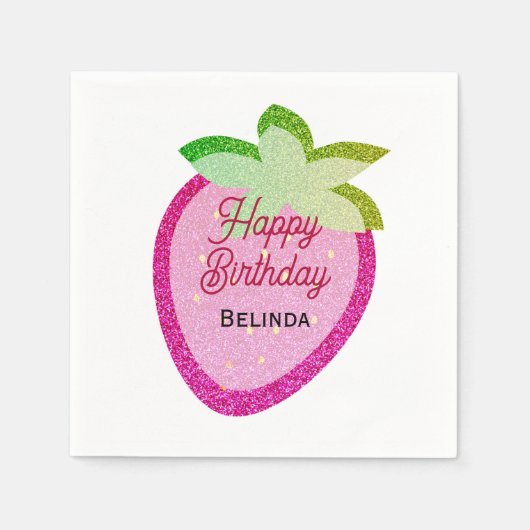 ピンクグリッターきらめくY2Kイチゴ誕生日 スタンダードカクテルナプキン (正面)
