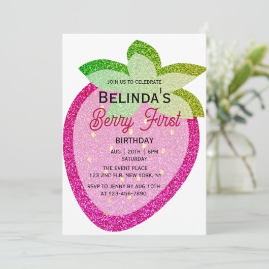 ピンクグリッターきらめくY2Kストロベリー1st誕生日 招待状 (スタンド正面)