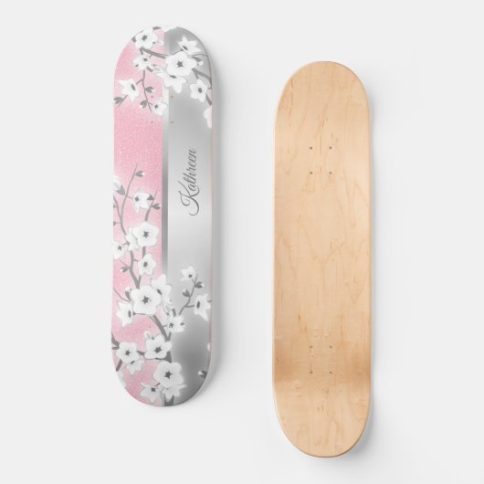 ピンクグリッターさくらんぼブロッサムモノグラムガーリー スケートボード (正面)