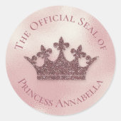 ピンクグリッターとフォイルプリンセスクラウン名前をカスタムする ラウンドシール (正面)