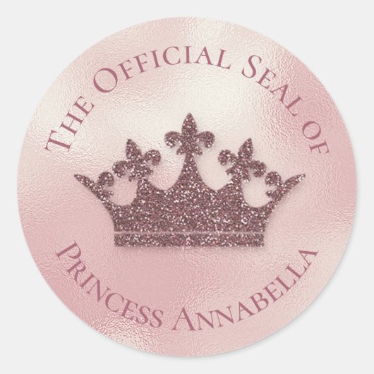 ピンクグリッターとフォイルプリンセスクラウン名前をカスタムする ラウンドシール (正面)