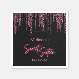 ピンクグリッターとブラックスウィート16誕生日 スタンダードカクテルナプキン