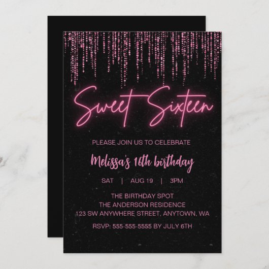 ピンクグリッターとブラックスウィート16誕生日 招待状 (正面/裏面)
